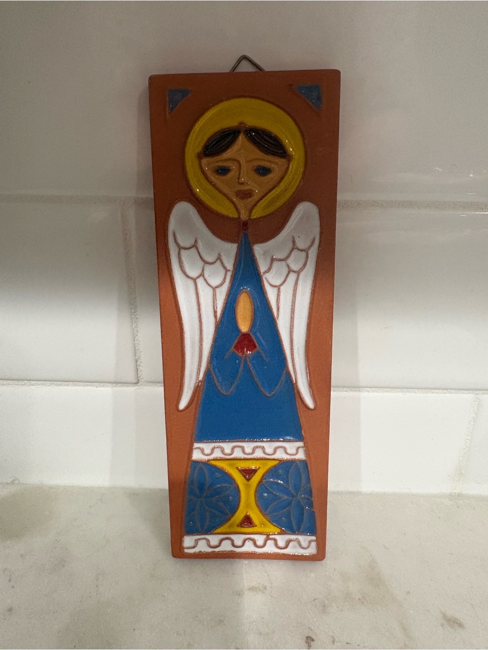 Hand-Painted Terracotta Angel Wall Plaque in Blue, White & Yellow Italy - Picture 2 of 7